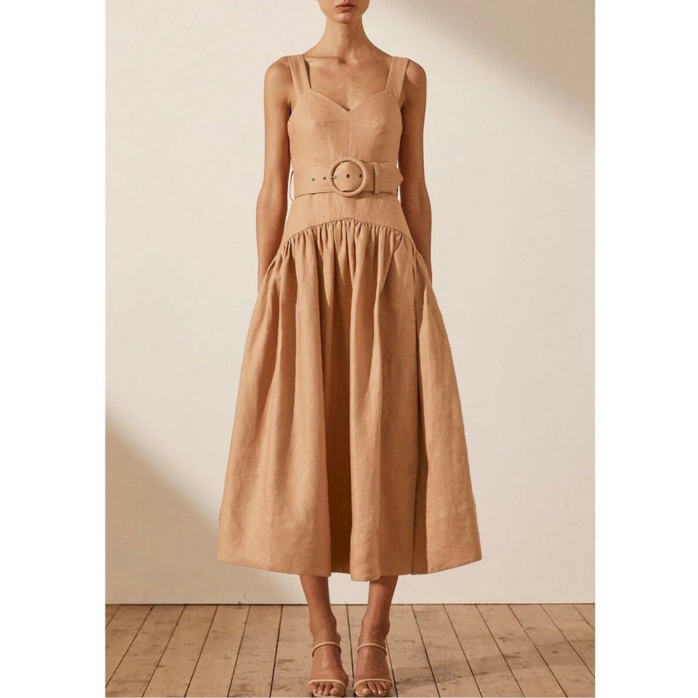 Shona Joy Womens Desert Rose Rosa Sweetheart Neck Midi Dress With Belt Size 4